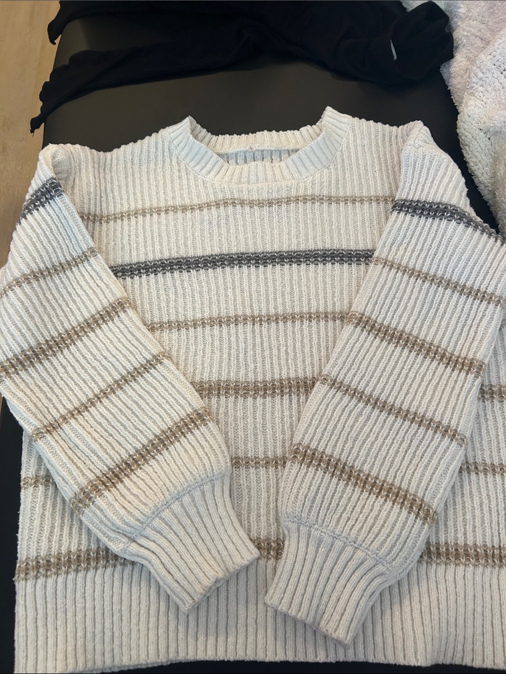 Men's Cream Ribbed Crewneck Sweater with Brown & Gray Stripes